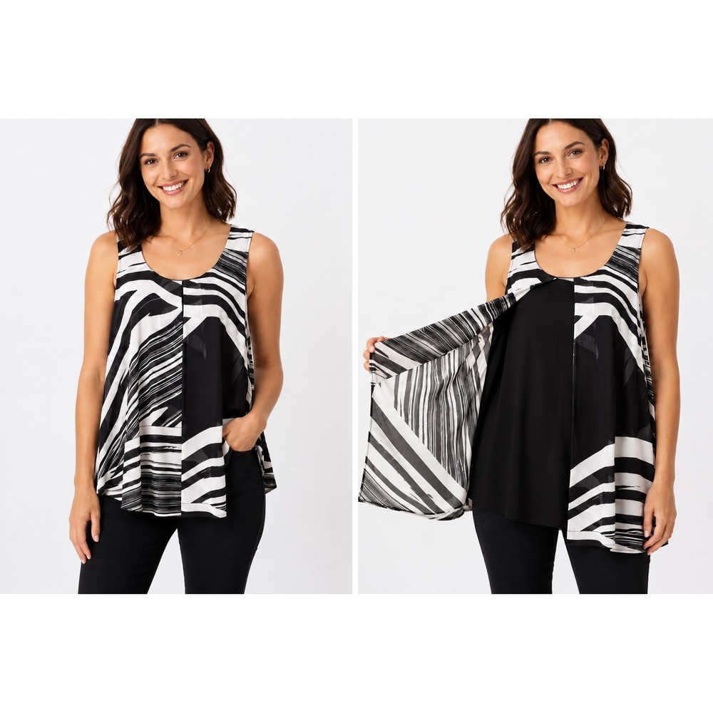 Roz & Ali‎ Women 1X Black White Abstract Print Layered Chiffon Tank Top Blouse